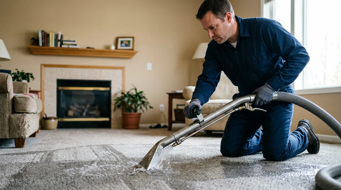Water damage restoration technician working in a home in Wyoming